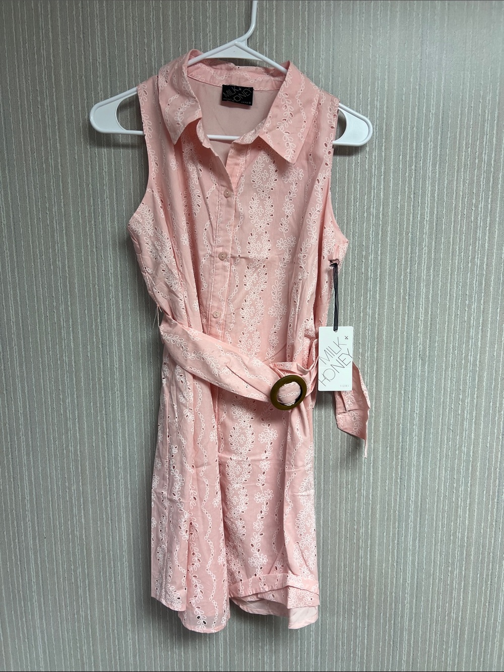 NWT S Sleeveless Pink Eyelet Shirt Mini Dress with Ring-Buckle Belt